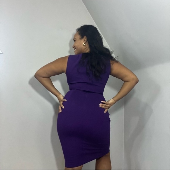 Vintage Cache Purple Ponte Knit Bodycon Dress Gold buckles business casual midi - Picture 7 of 11